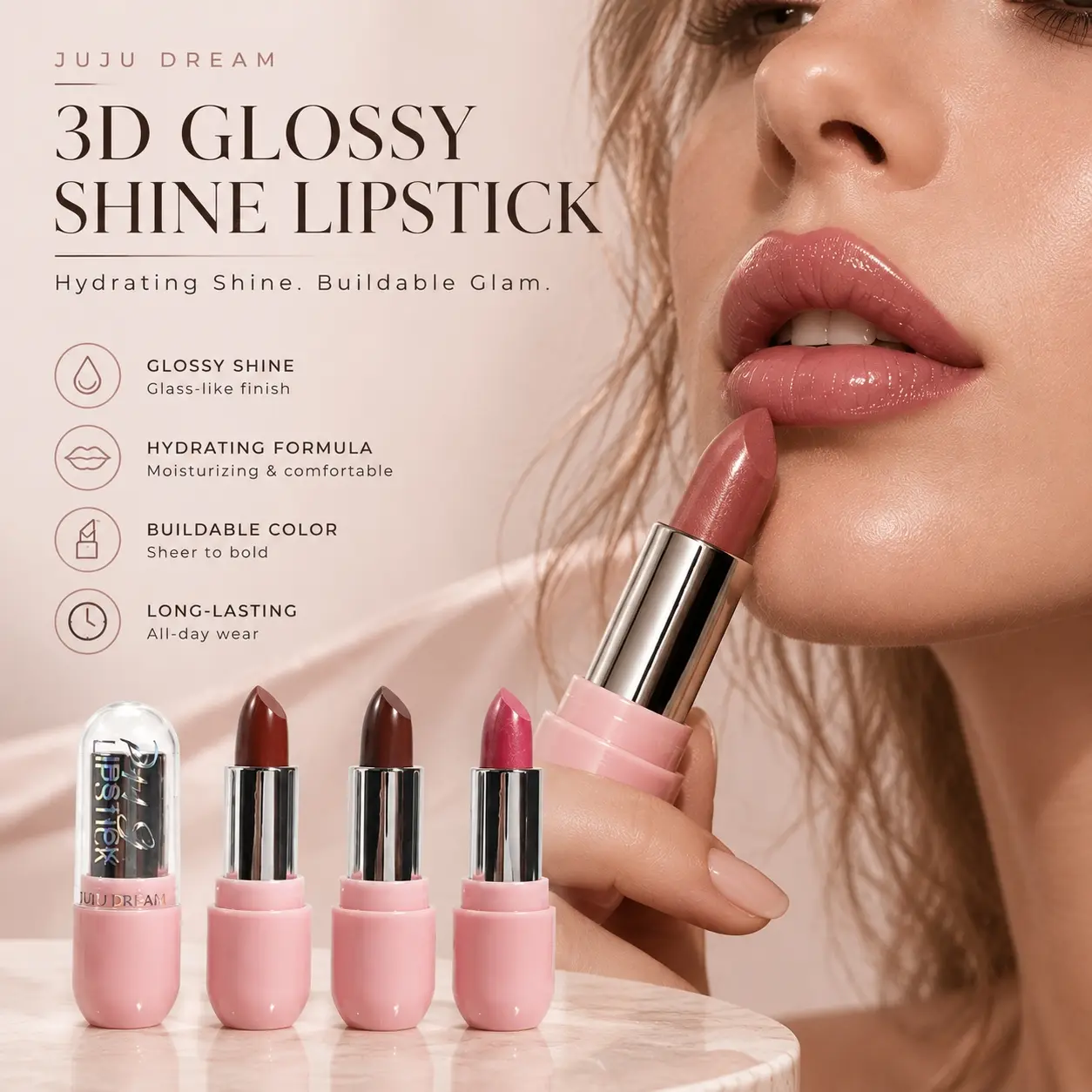 JUJU DREAM 3D Glossy Shine Hydrating Lipstick available in 3 finishes: sheer glossy, velvet matte and silky shimmer glitter. Moisturizing nourishing formula keeps lips soft without dryness. Glass-like luminous finish, long-lasting all-day wear.