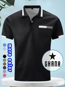 New Men's Casual Polo Shirt, Chest Pouch Design, Ghana Print Collar Button Business Short Sleeve Tee, Comfortable Breathable Fabric