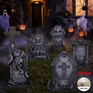 6-Piece Halloween Tombstone Lawn Stakes, 2D Stone-Like Cemetery Decor, Skull Cross Bat Elements, Ideal for Yard Porch Party Setup