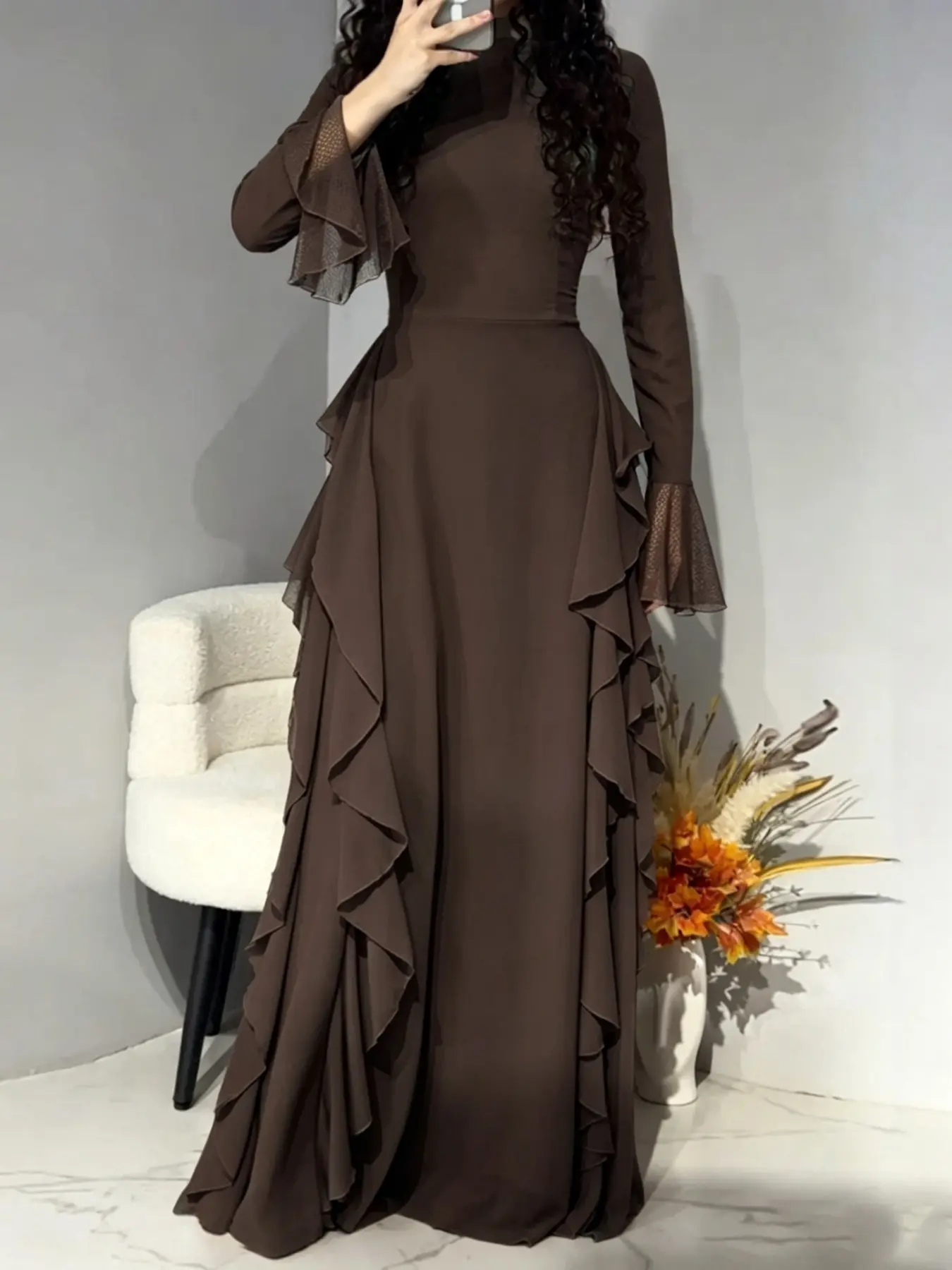 Solid Color Flared Sleeve Long Dress, Ruffle, Waist Cinched Slimming Effect, Elegant Formal Evening Gown for Women, Suitable for Spring & Fall