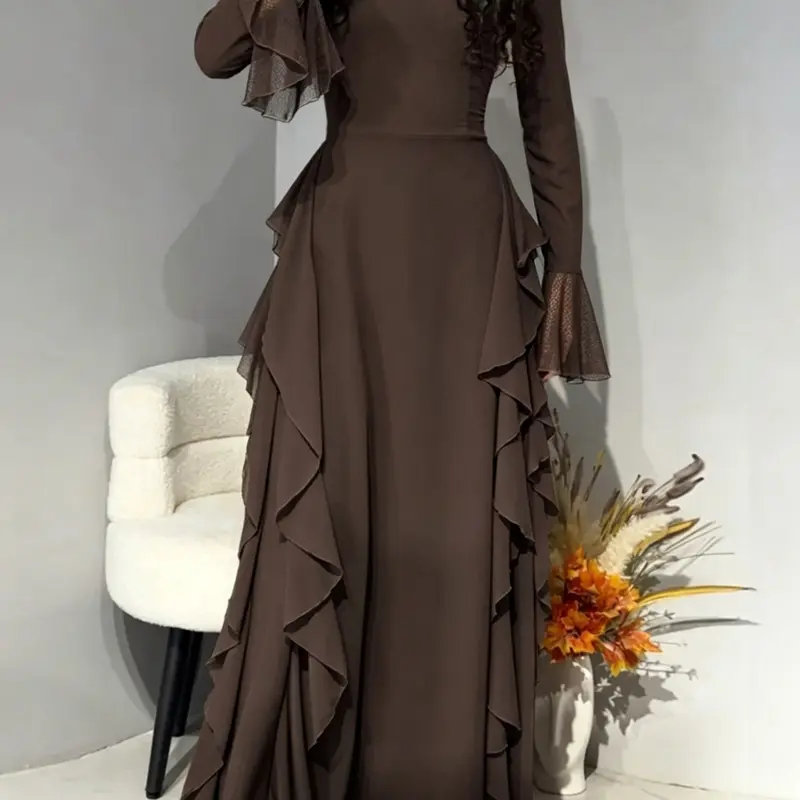 Solid Color Flared Sleeve Long Dress, Ruffle, Waist Cinched Slimming Effect, Elegant Formal Evening Prom Gown for Women, Elegant Formal Wear, Suitable for Spring & Fall
