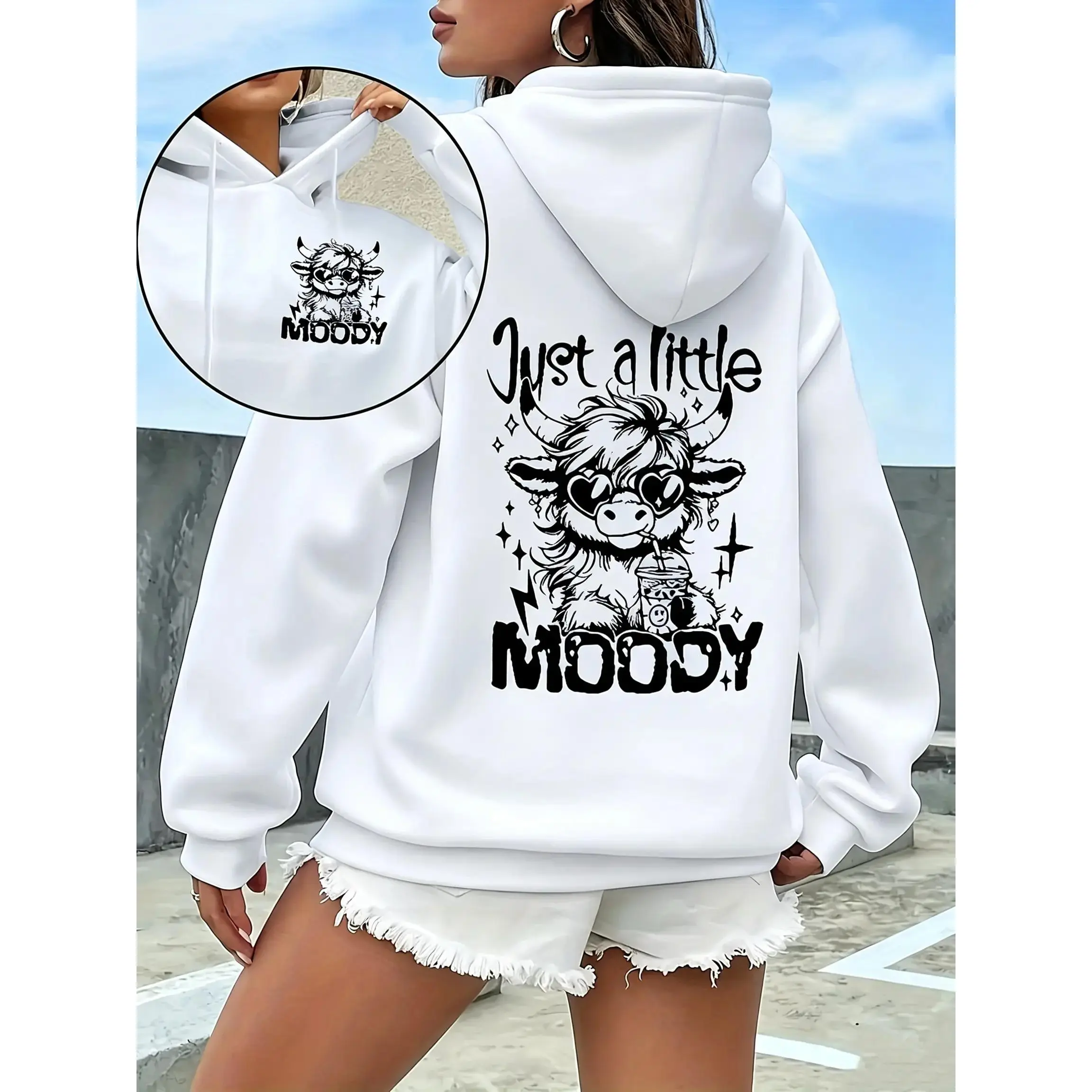 Just A Little Moody Heart Sunglasses Highland Cow Bubble Tea Grunge Graphic Oversized Pullover Hoodie| Sassy Funny Cow Lover Women Aesthetic Unisex Loose Casual Hooded Sweatshirt Drawstring Piece