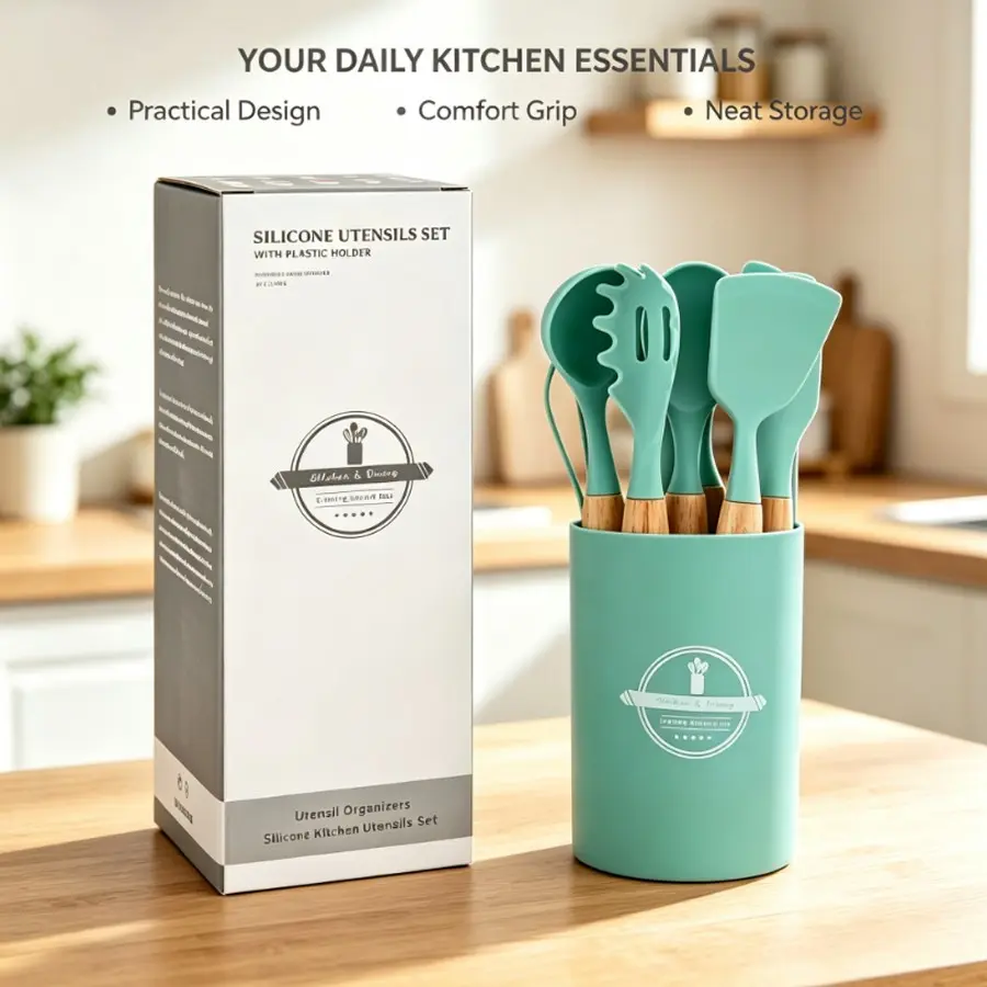 Complete Cooking Kit: 12pcs Silicone Utensils with Storage Bucket, Organized Kitchen Tools Set, Durable & Heat-Resistant Design