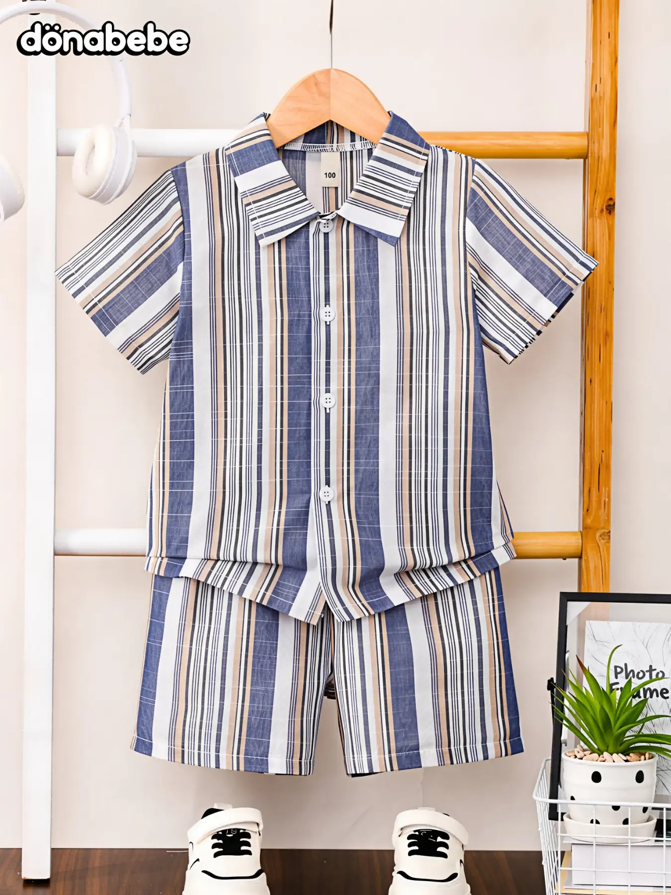 Boys Bohemian Vintage Multitone Vertical Stripe Coordinated Outfit Set,Linen‑Textured Lightweight Air‑Permeable Weave,Retro Casual Vibe,Ideal For Outdoor Stroll Family Gathering Summer Street Fashion