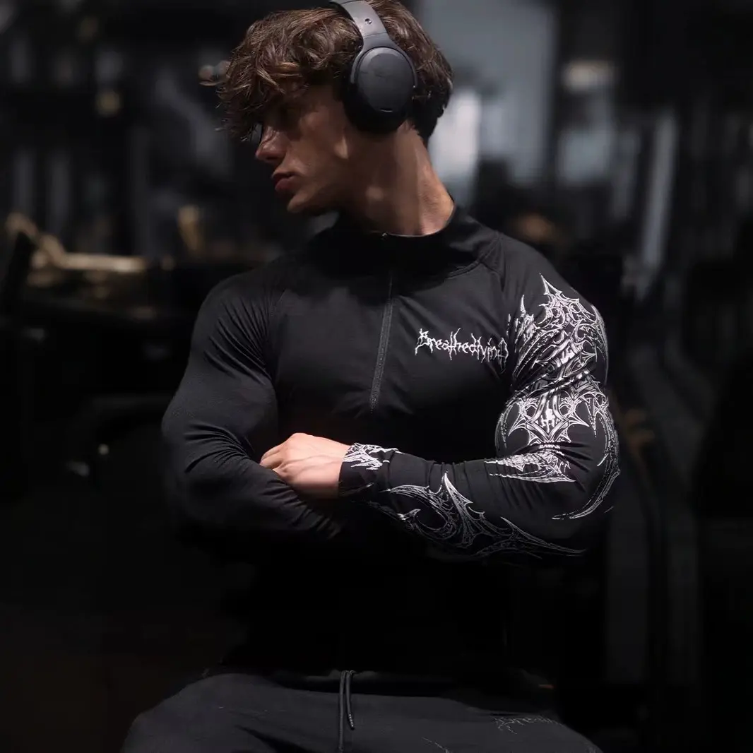 Men's Long Sleeve Compression Training Shirt, High-Neck Stretch Athletic Top with Graphic Print, Quick-Dry Breathable Moisture-Wicking Activewear for Gym, Running & Fitness, Gym Clothes Men, Fitness Apparel, Gym Sport, Intense Training, Long Sleeve Shirt.