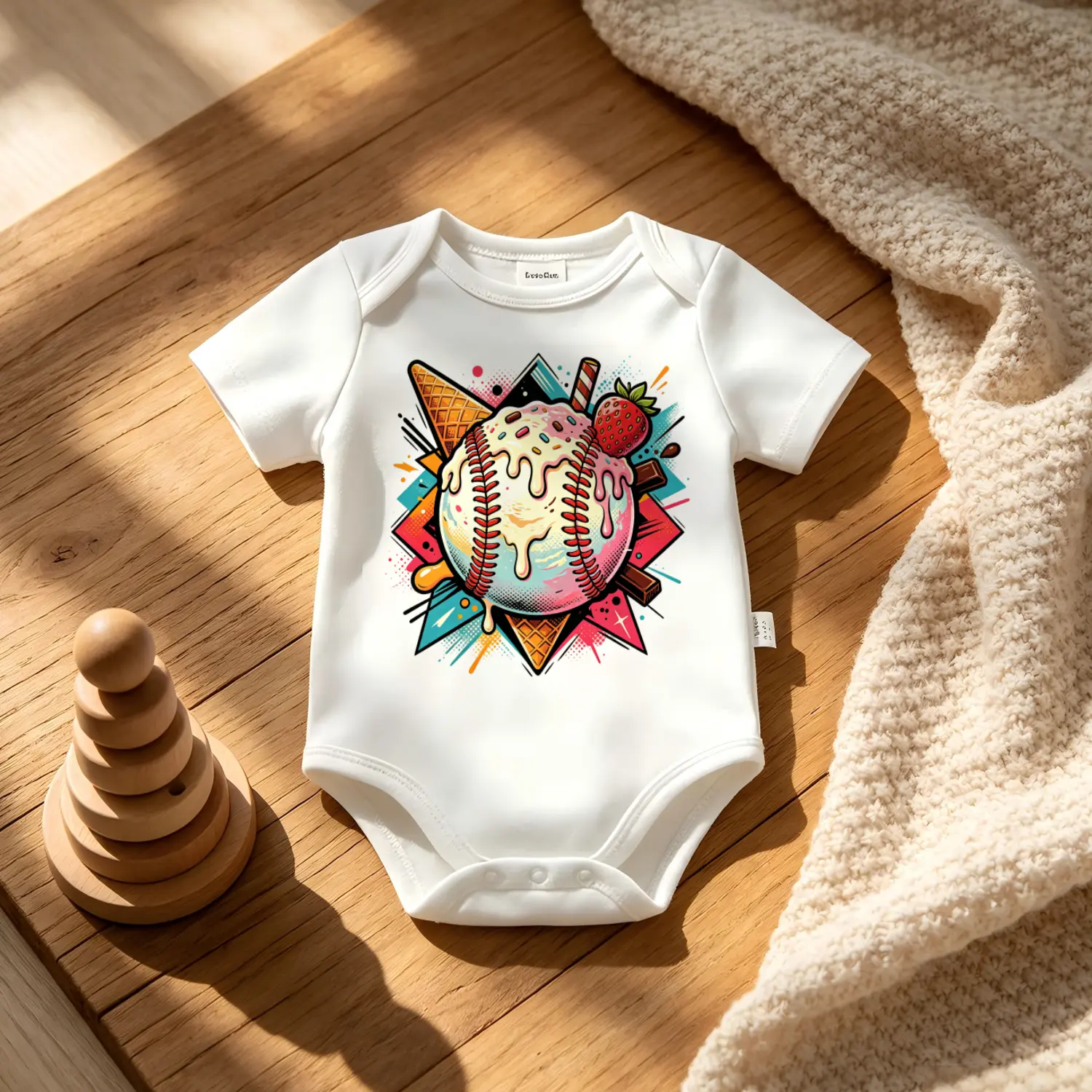 Minimalist Baseball Ice Cream Graphic Baby Onesie - Soft Breathable Cotton Short-Sleeve Bodysuit, Unisex 0-2 Years 0-3m Newborn Essential for Summer Outfits, Birthday & Baby Shower Gifts