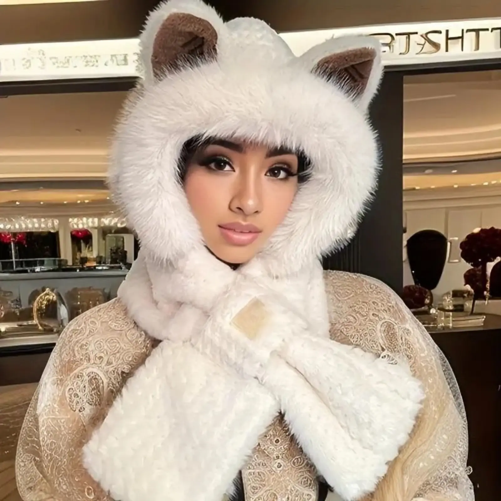 Unisex Upgraded Thick Plush Hooded Scarf Hat With Cartoon Ears, Solid Color Cozy Head And Neck Wrap Warmers, Soft Windproof Neck Gaiter, Warm Outdoor Sports Accessory For Men Women Cold Winter Daily Wear tiktokshopbacktoschool