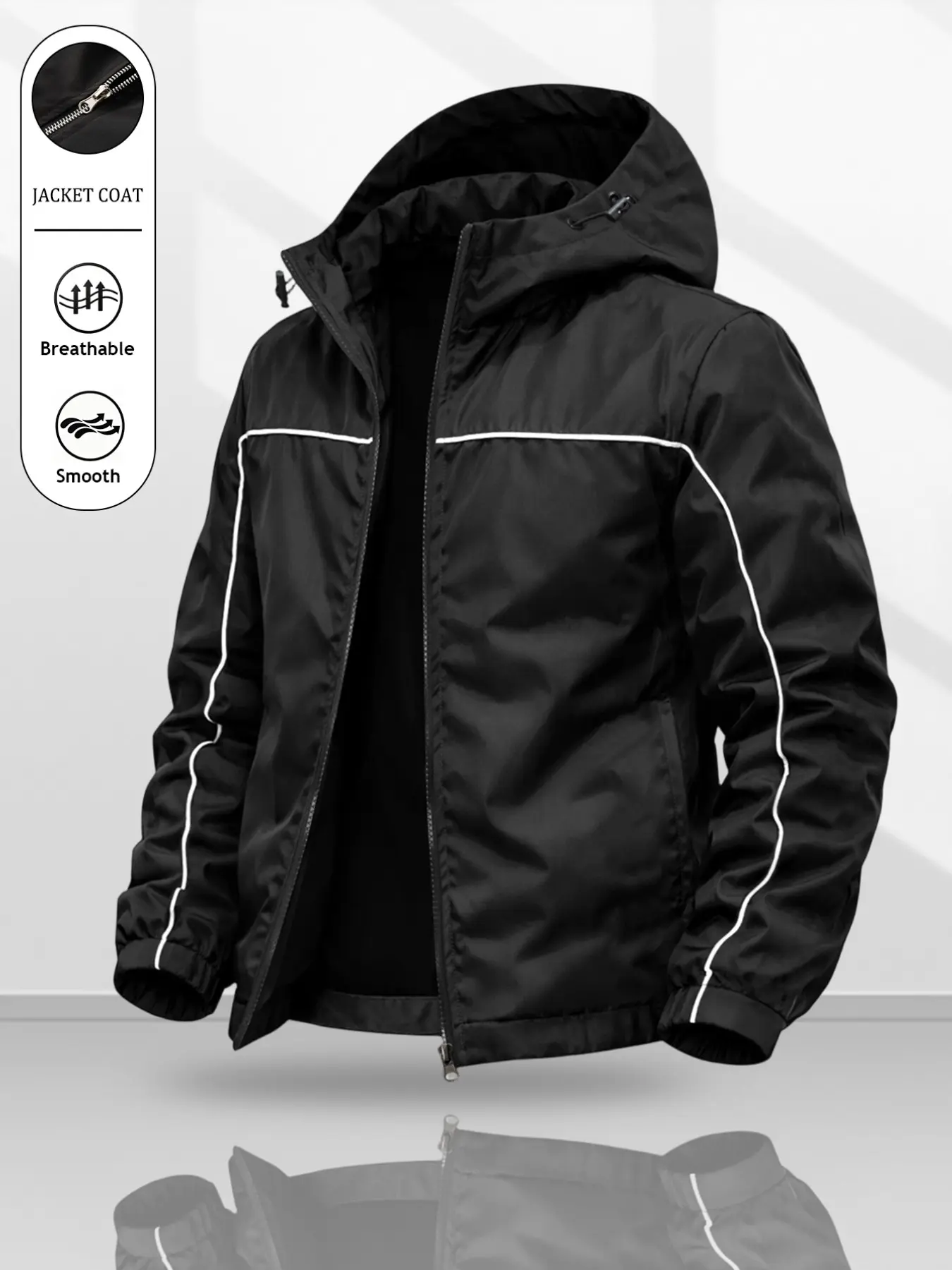 Men's Reflective Hooded Windbreaker Jacket, Lightweight Durable Fabric, Zip Pockets, Line Decoration, Daily Street Commute Wear