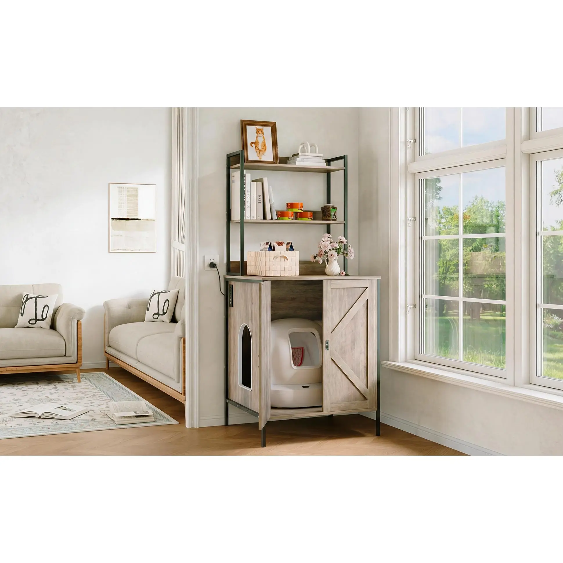 Tall Cat Litter Box Cabinet – 70" High, Fits Automatic & Standard Litter Boxes – with Storage Shelves – for Multi-Cat Homes