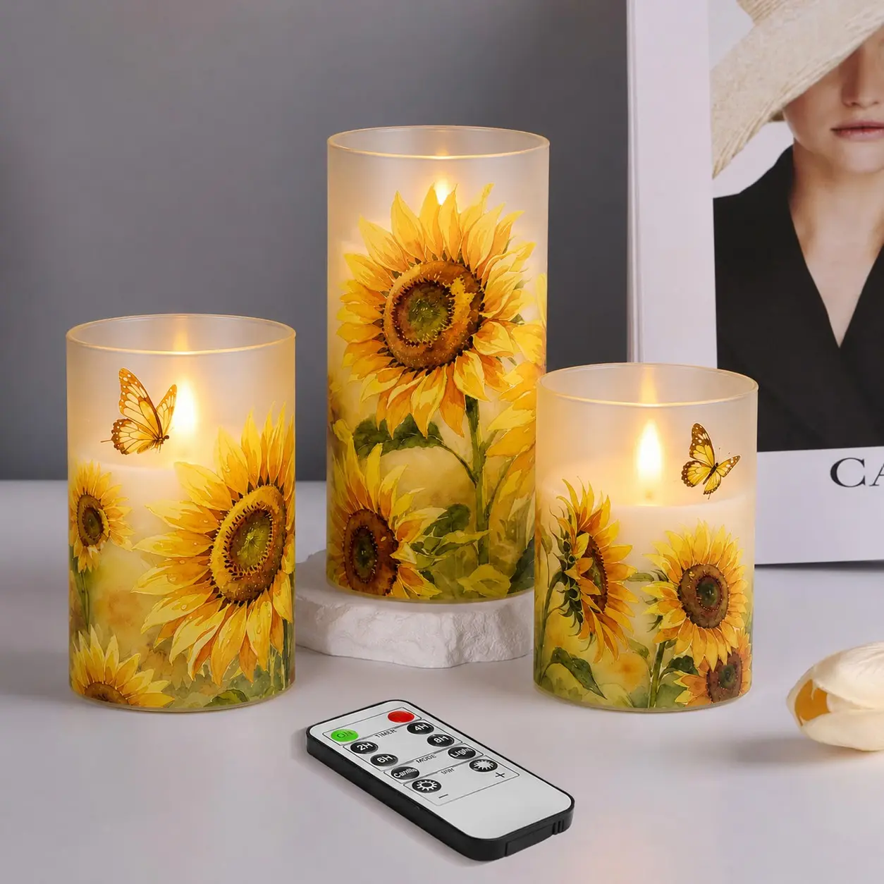 3-Pack LED Sunflower Flameless Candles with Remote Control, Battery Powered, Timer Feature, Sizes 3x4 Inch, 5 Inch, 6 Inch, Sunflower Lights