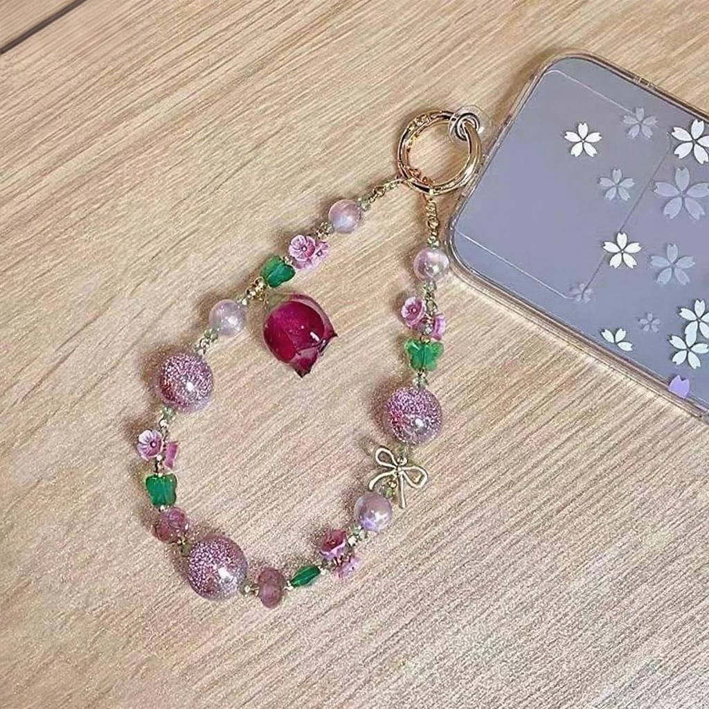 New style mobile phone chain with heart-shaped beads and rose flower, handmade beaded mobile phone keychain, bag strap accessory