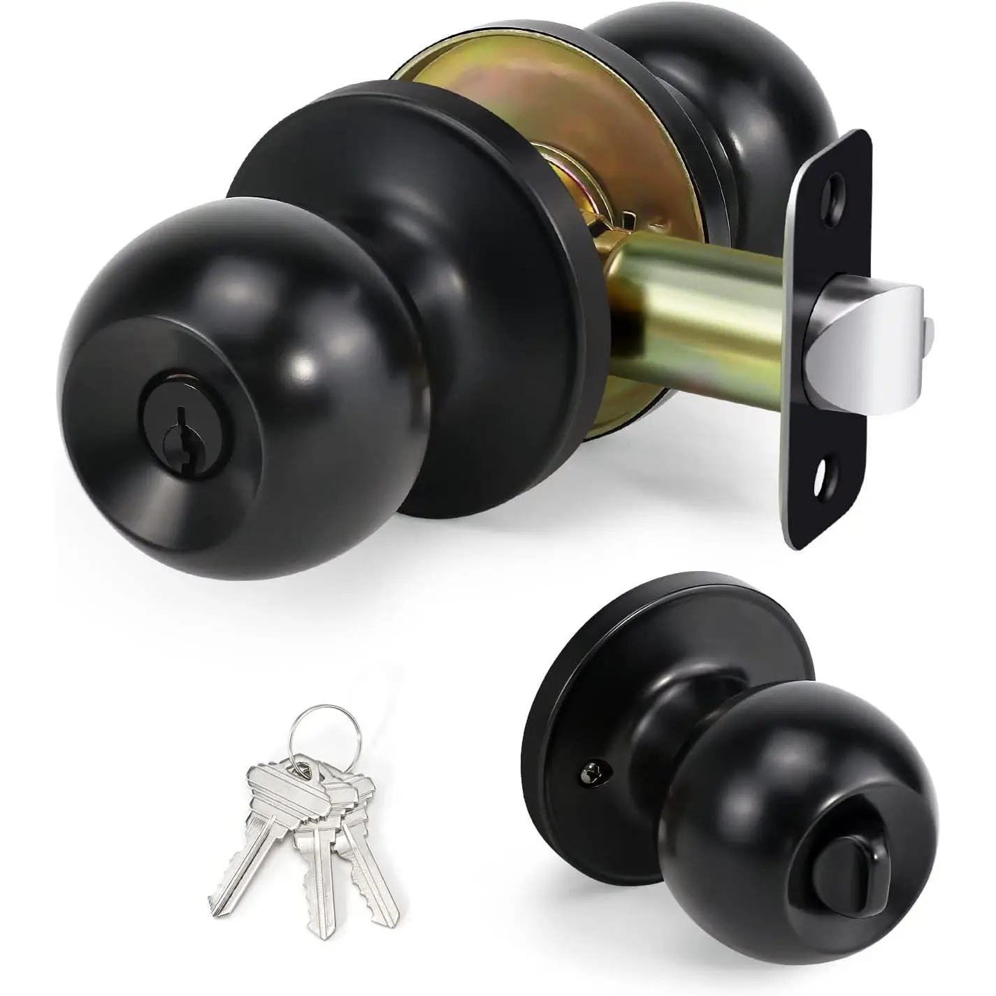 Ball Door Knob Entry Function, Keyed Entry Door Knob with Lock, Round Ball Handle for Front Door Right and Left Side, Matte Black,1 Pack