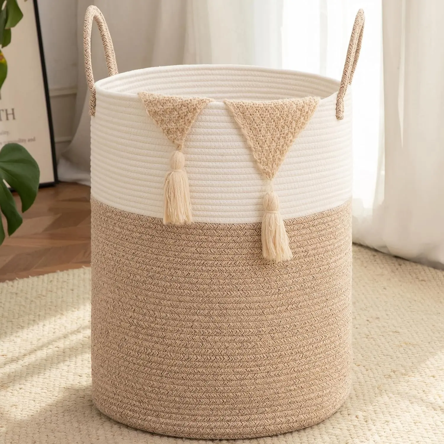 Large Laundry Basket Hamper - 60L Cotton Rope Woven Basket for Blankets, Toys, Clothes - Tall Decorative Nursery Hamper with Long Handles, Brown/White