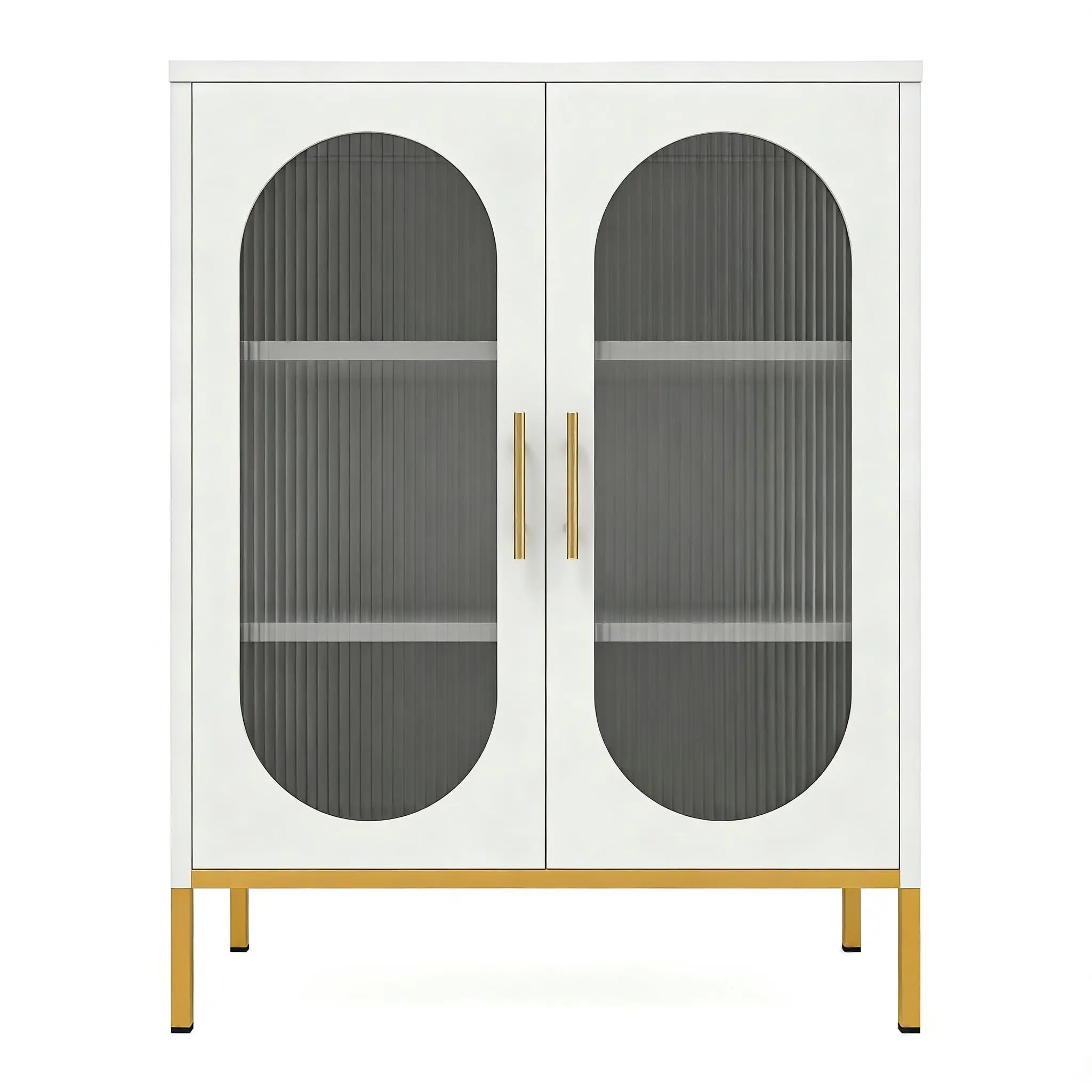 31.5" White Fluted Glass Sideboard Cabinet | Freestanding Buffet with Gold Legs & Handles, 2 Doors 3-Tier Interior Shelves for Living Room Storage