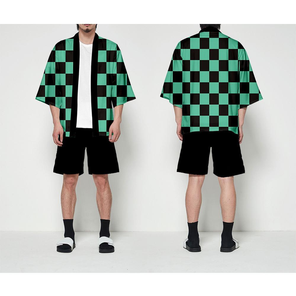 Anime Character Kamade Zezeko Pink Women's Kimono Cardigan Summer Kamado Tanjirou Green Black Checkered Men Japanese Haori Coat