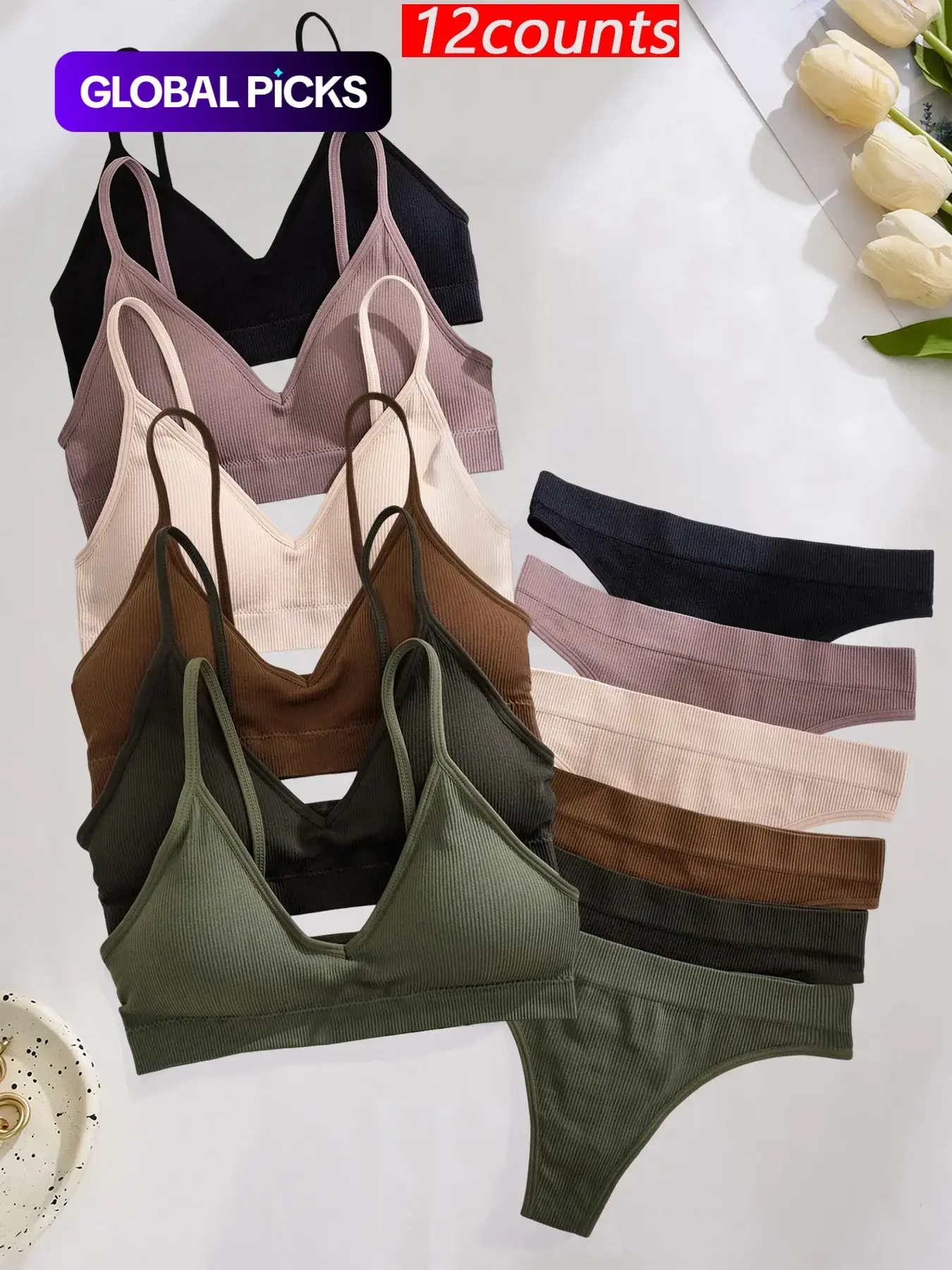 Women's Seamless Spaghetti Strap Wireless Non Underwire Bra Set, Breathable Full Coverage Lingerie, Casual Minimalist Plain Design, Medium Support, All Seasons Essential, Underwear