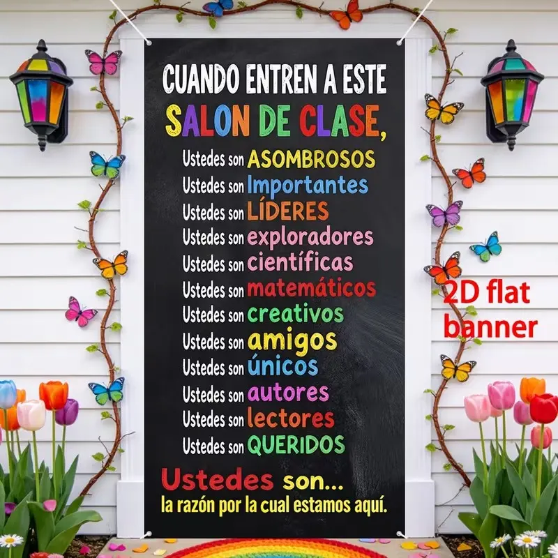 2D Flat Banner Door Cover, Spanish Motivational Decorative Banner, Back-To-School Classroom Decoration, No Power Needed, Educational Wall Art