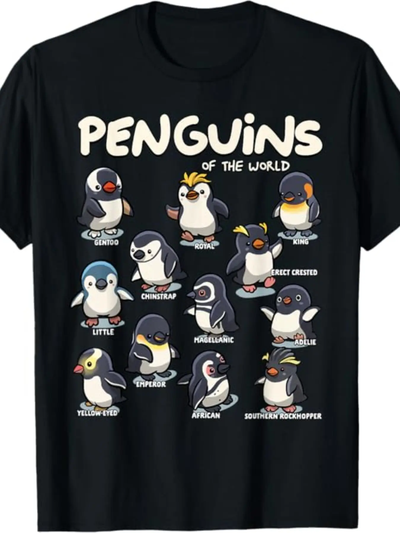 Penguins of the World Cartoon Print T-Shirt, Soft Cute Q Version Animal Science Fun, Loose Breathable Round Neck Short Sleeve, Unisex Penguin Lover Student Daily Wear Top