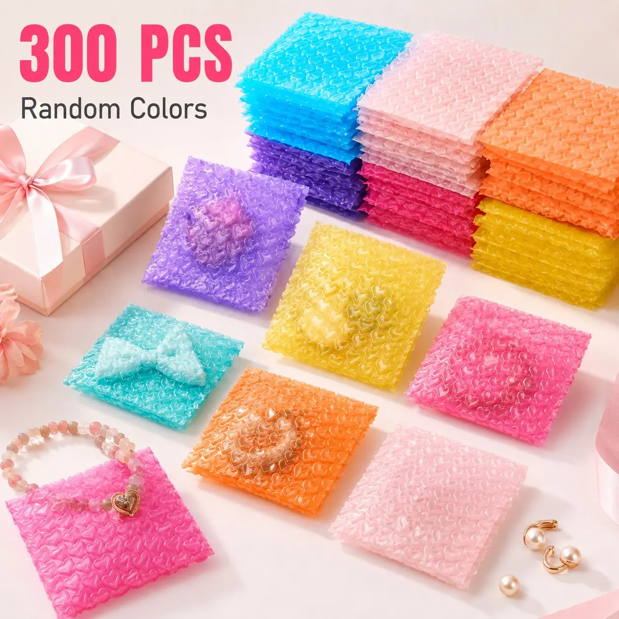 300Pcs Heart Bubble Pouches, Shock‑Resistant Colorful Heart‑Shaped Bubble Bags, Transparent Poly Bubble Cushion Wrappers, Gift Packaging Envelopes, For Jewelry Small Items Shipping Packing, Protective Padded Bags, Bright Packaging, Gift Supplies