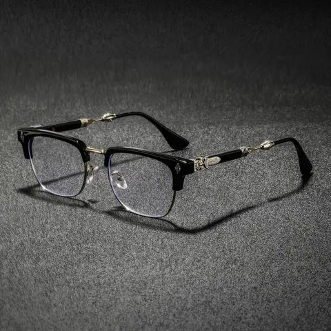 Men's New Metal Half-Frame Eyeglass Frame, High-End Luxury Classic Retro Texture Engraved, Business Casual Fashion Plain Glasses