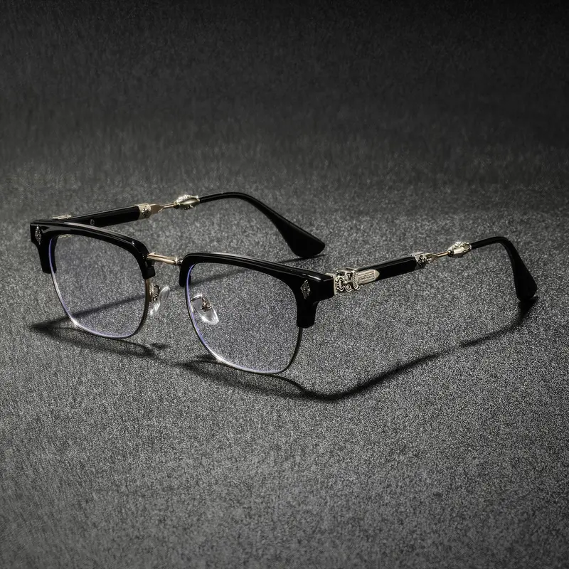 Men's New Metal Half-Frame Eyeglass Frame, High-End Luxury Classic Retro Texture Engraved, Business Casual Fashion Plain Glasses