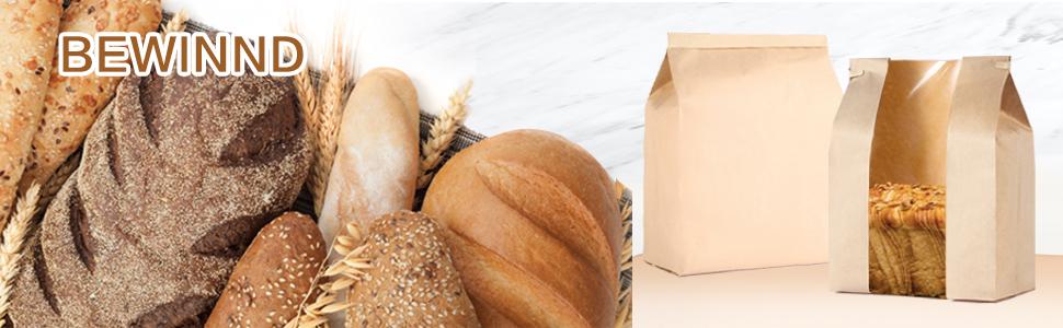 100 Pack Large Paper Bread Bags for Homemade Bread with Tin Tie Tab Lock,14" x 8.3" x 3.5" Sourdough Kraft Loaf Bag with Clear Front Window,Label Seal Sticker Included