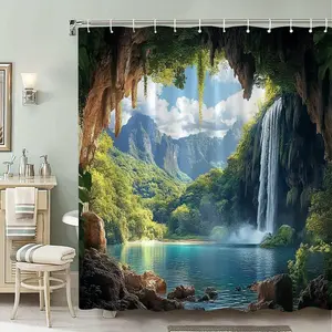Tropical Waterfall and Cave Entrance Shower Curtain – Jungle Greenery, Serene Paradise Design, Polyester, Includes 12/24 Hooks, Machine Washable, Nature-Themed Bathroom | Cave Entrance Print | Polyester Curtain, Tropical Shower Curtain