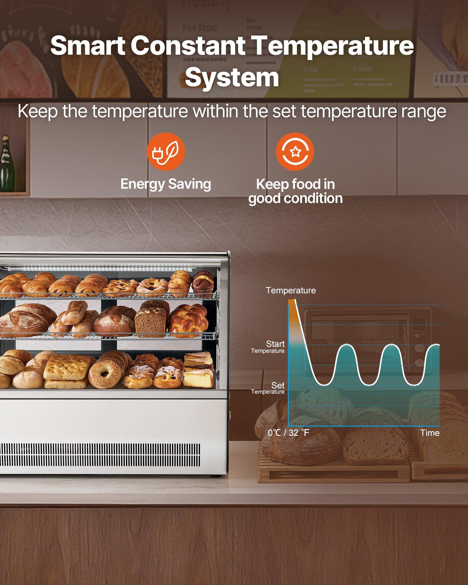 VEVOR Refrigerated Display Case, 5 Cu.Ft./145L Countertop Pastry Display Case, 2-Tier Commercial Cake Refrigerator with LED Lighting, TURBO Cooling, Frost-Free Air-Cooling, for Bakery, Dessert Shop VEVOR Refrigerated Display Case, 5 Cu.Ft./145L Countertop Pastry Display Case, 2-Tier Commercial Cake Refrigerator with LED Lighting, TURBO Cooling, Frost-Free Air-Cooling, for Bakery, Dessert Shop