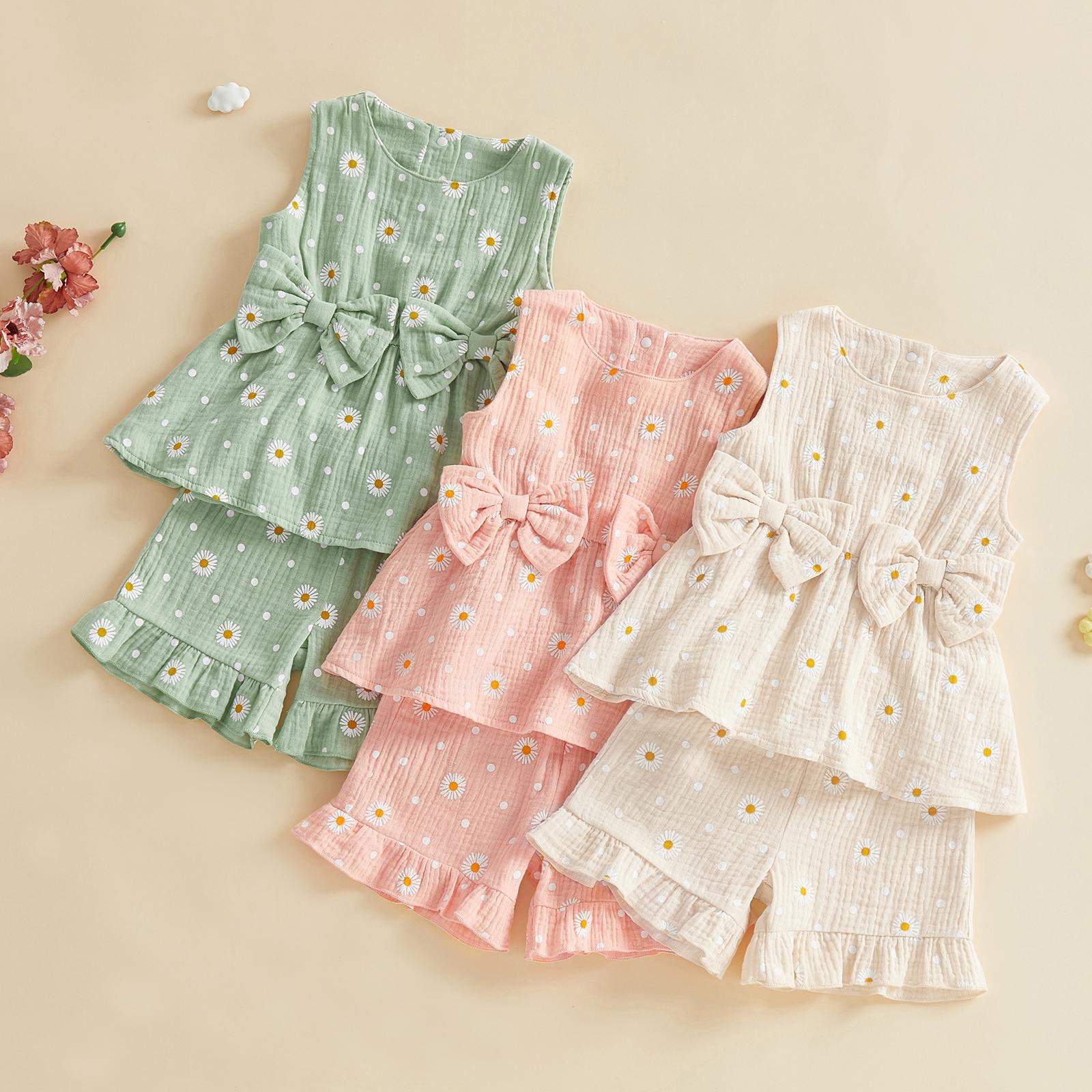 Toddler Baby Girl Outfit Summer Clothes Bow Print Bowknot Smocked Camisole Tank Top Ruffle Shorts Set