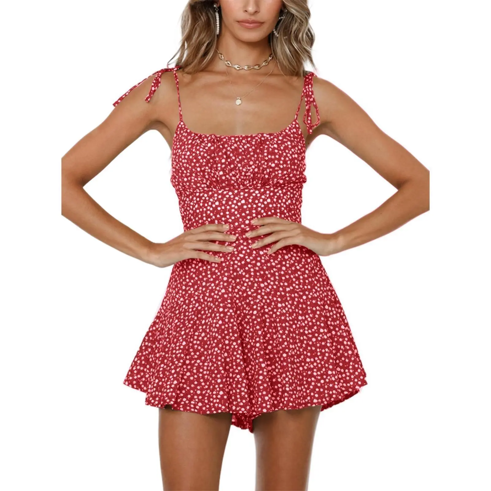 FMEYOA Women's Floral Wide Leg Rompers Spaghetti Strap Tie Ruffle Short Jumpsuits
