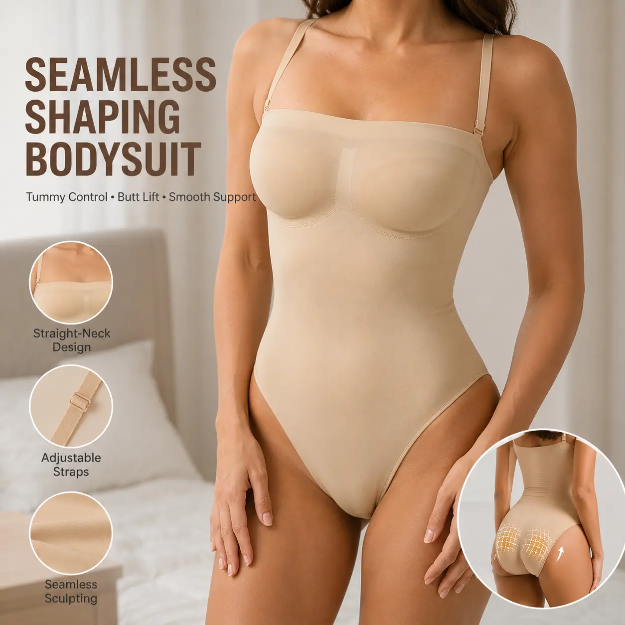 Women’s Seamless Shaping Bodysuit with Adjustable Straps, Tummy Control & Butt Lift, Straight Neck Sculpting Body Shaper for Everyday Wear, Shapewear Bodysuit, Seamless Shapewear, Tummy Control