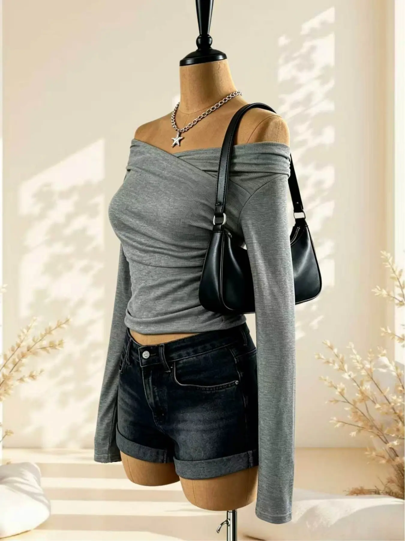 French One-Shoulder Cross Pleated Long Sleeve Top for Women, Slim-Fitting Sexy Pure Color Off-Shoulder Shirt, Single Piece