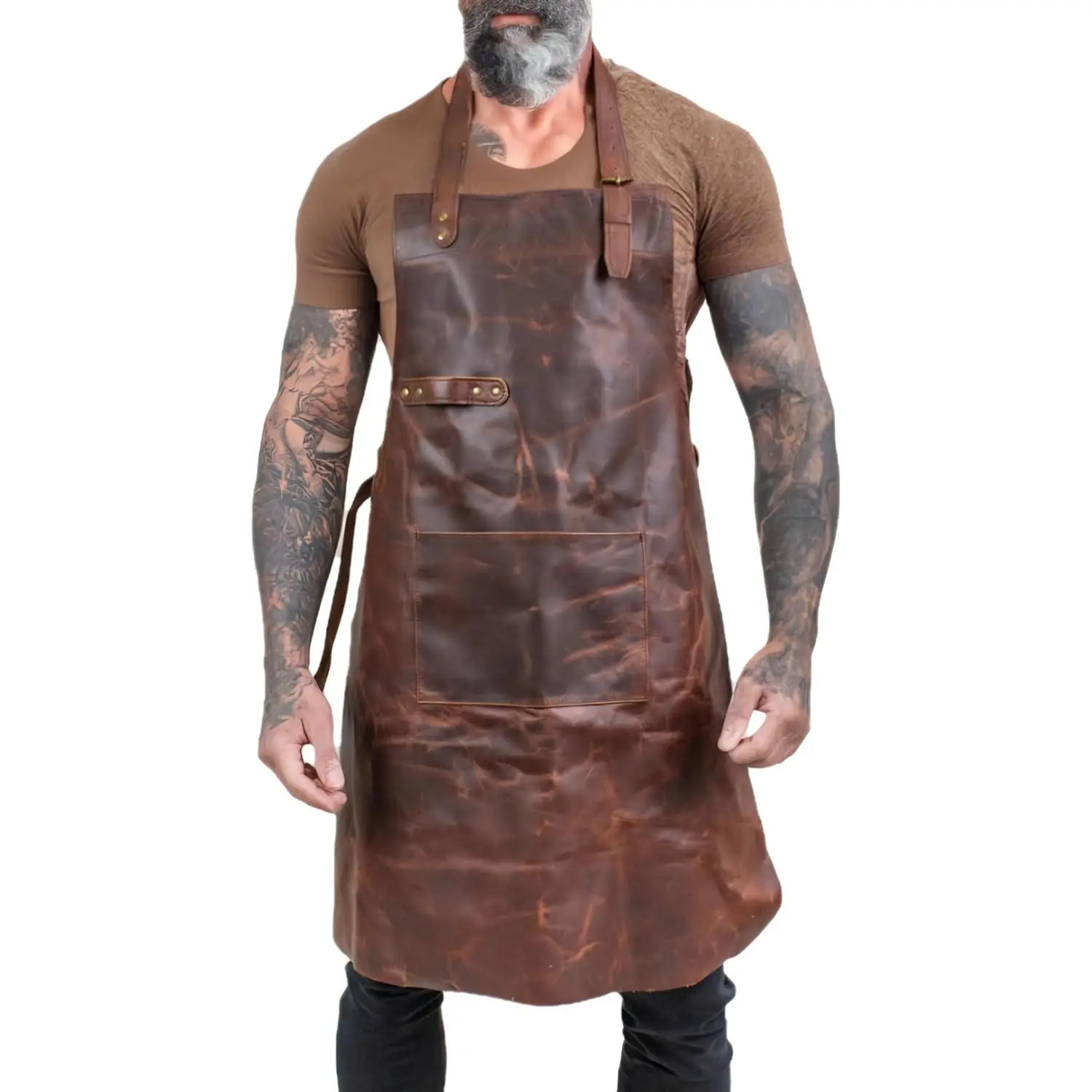 Full Grain Leather Apron  Men & Women, BBQ Grill Chef Work Apron with Cross Back Straps & Tool Pockets