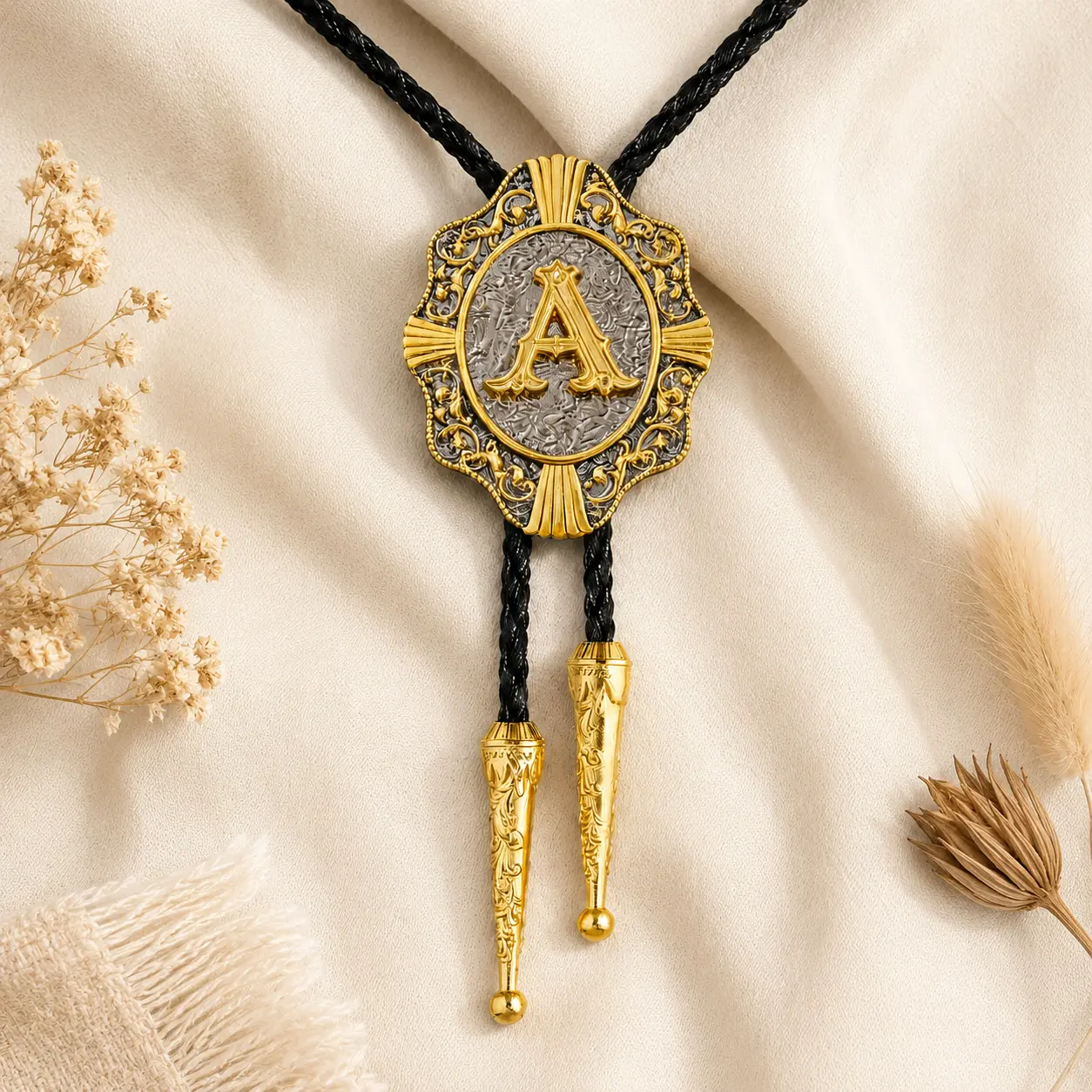 Western Bolo Tie for Men, Gold Initial Letter A-Z Cowboy Bolo Tie with Leather Cord, Vintage Western Necktie for Men Women, Cowboy Tie Western Accessories summerwins