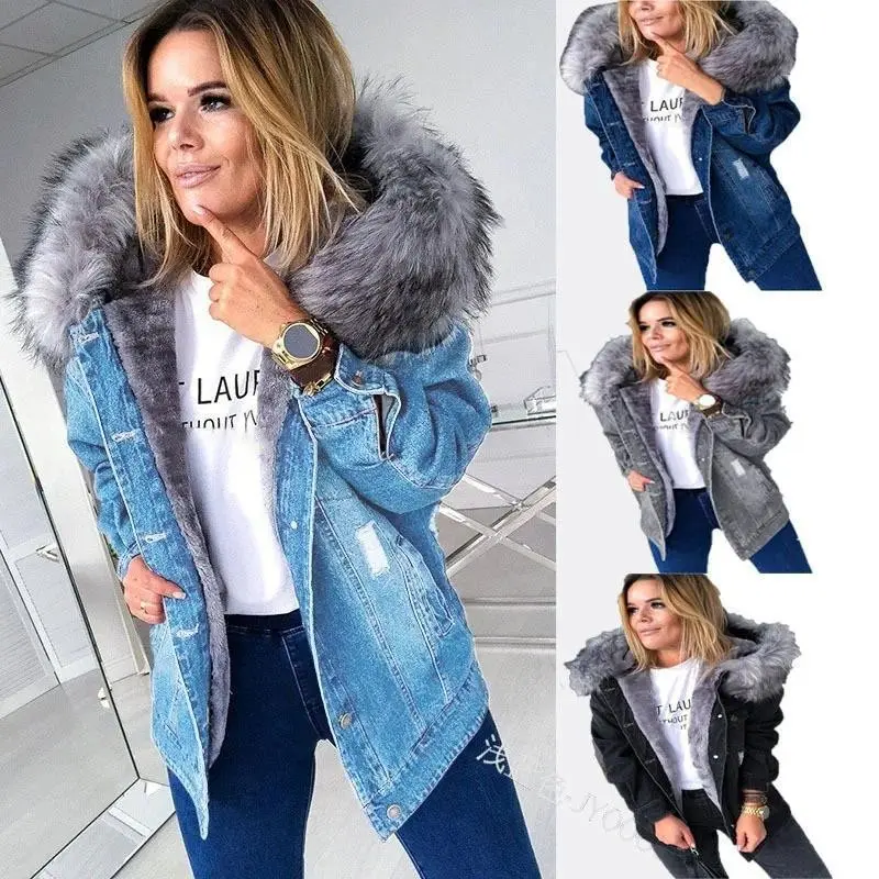 Women Autumn Winter Plush Fur Collar Thickened Cotton-padded Denim Jacket Parka Zipper Hooded Coat Jacket