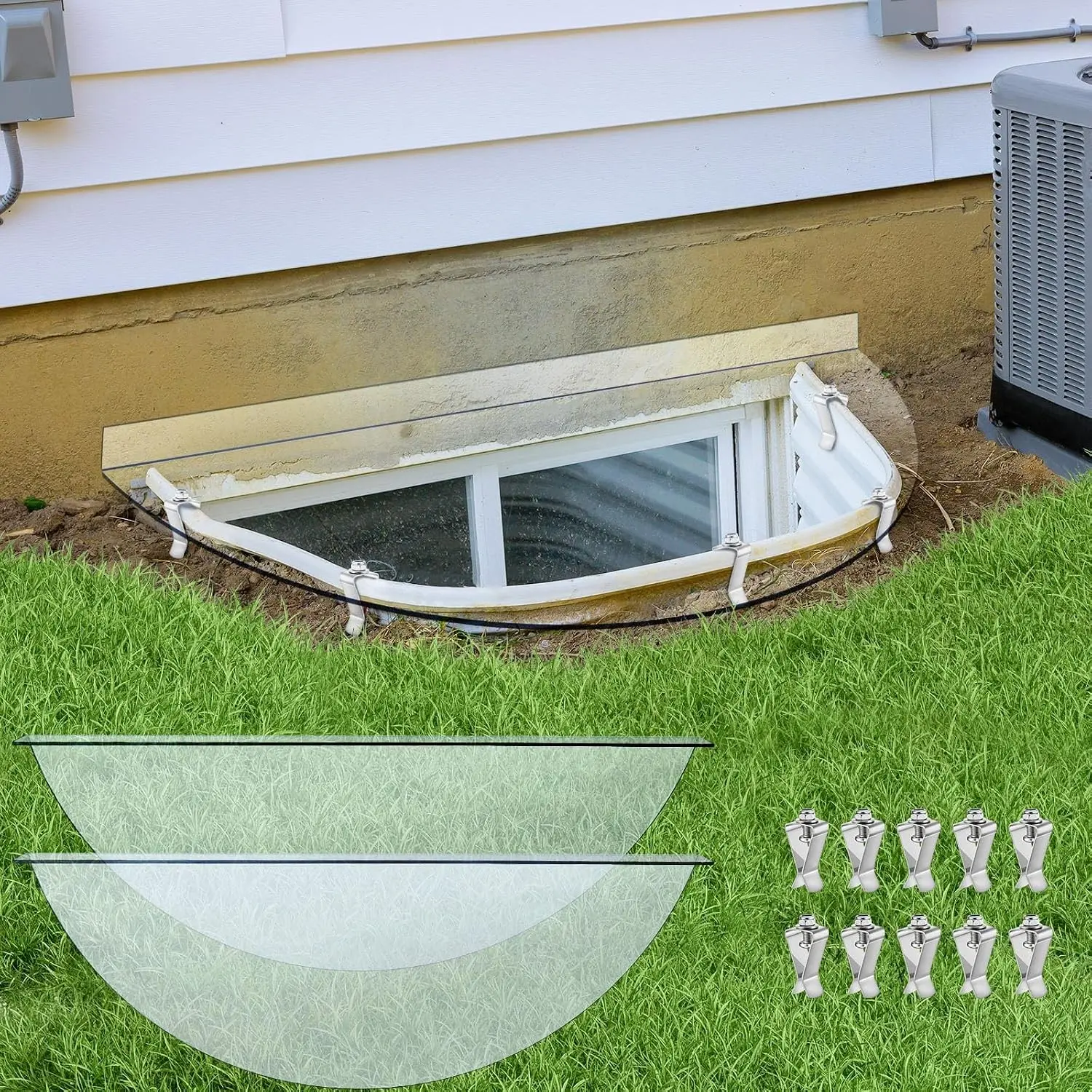 2 Pcs 39"L x 16"W Basement Window Well Covers with Mounting Clip Heavy-Duty Clear Polycarbonate Egress Window Cover Outside All-Weather Against Debris UV Resistant Protects Tear-Resistant
