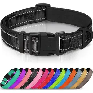 Reflective Dog Collar, Soft Neoprene Padded, Metal D-Ring, Nylon Pet Collar Adjustable for Large Dogs, Black, L
