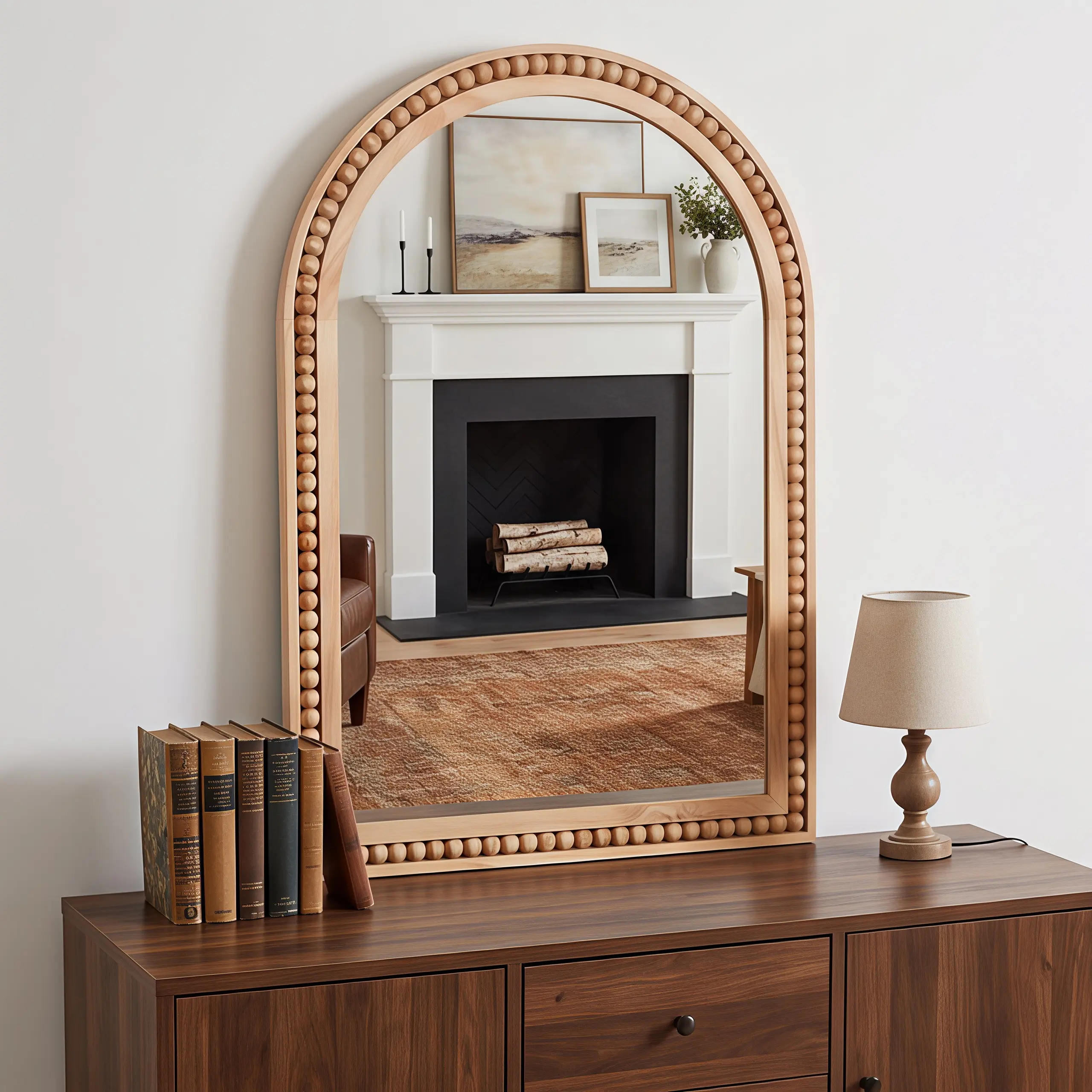 ARCH 20x30 Inch Arch Wall Mirror Natural Solid Wood Frame Beaded Trim Rustic Farmhouse Decor for Entryway Bathroom Living Room Vanity HD Tempered Glass Easy Hang D-Ring, Natural Wood Color Options, Solid Wood Material, Art Deco/French/French
