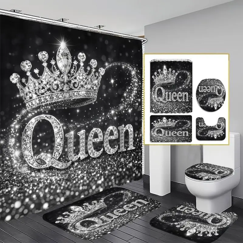 1/4PCS Queen Crown Shower Curtain Set – Black Sparkling Diamond Bathroom Decor, Includes Mat, U-Mat, Toilet Cover & 12 Hooks, 70.87x70.87 Inch Curtain, Royal Crown Design, Home Bathroom Accessories
