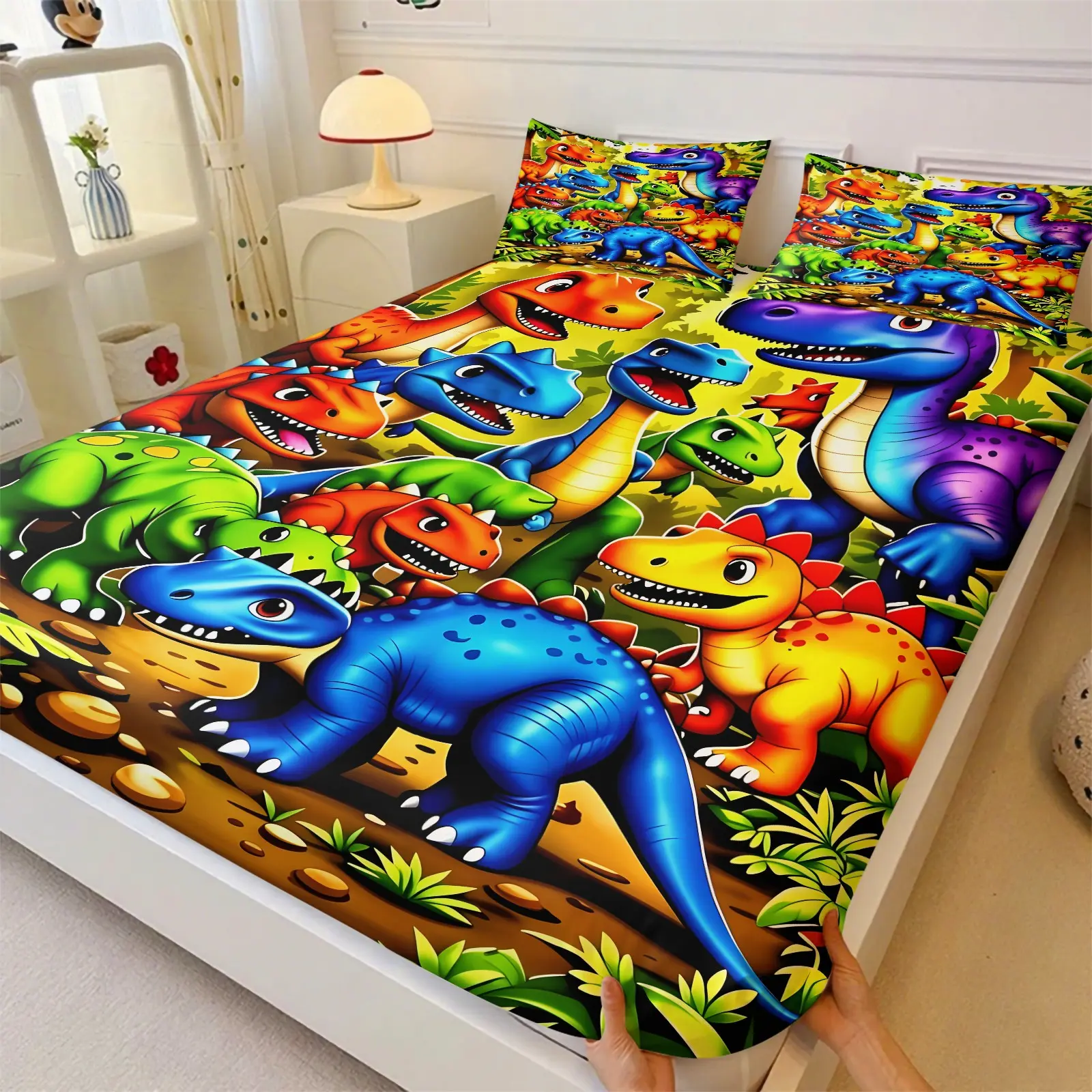 3Pcs Colorful Cartoon Dinosaur Fitted Sheet Set & 2 Coreless Pillowcases, Cute Jurassic Jungle Dinosaur Print Bedding, Soft Breathable Polyester for Boys Kids, Featuring T-Rex Triceratops Stegosaurus, Dinosaur Themed Room Decor And Kids Gift