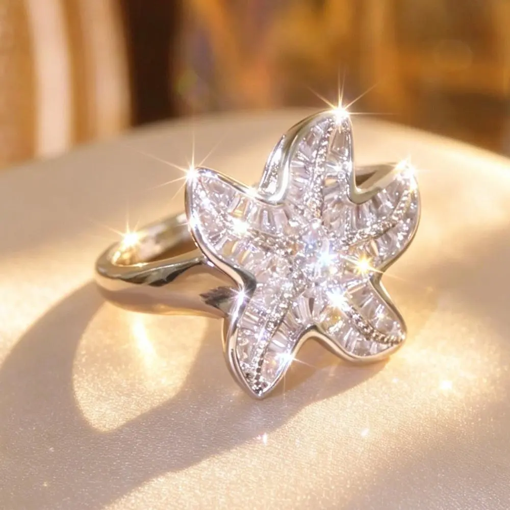 Women’s Pave  Starfish Cocktail Ring, Promise Rings for GF, Nautical Statement Ring for Parties & Daily Wear