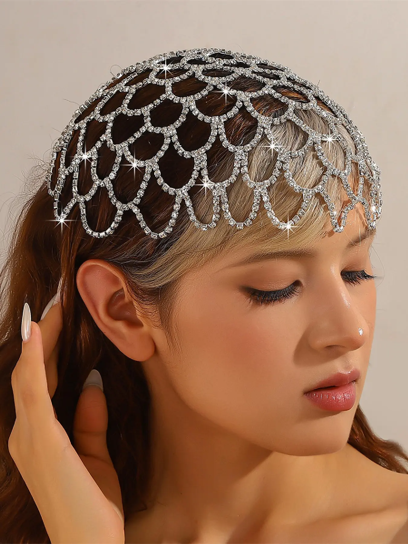 Shiny European Grid Rhinestone Hair Clip, Party Hair Accessory, Luxury Hair Band, Layered Fringe Hair Chain, All Seasons