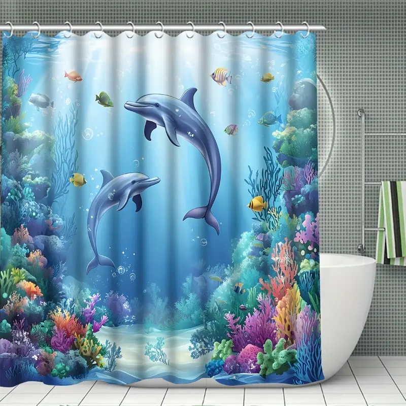 4pcs Sea Dolphin Coral Shower Curtain Set – Blue Ocean Undersea World, Fish & Seaweed, 12 Hooks, Toilet Lid Cover, Non-Slip U-Shaped Mat, Machine Washable