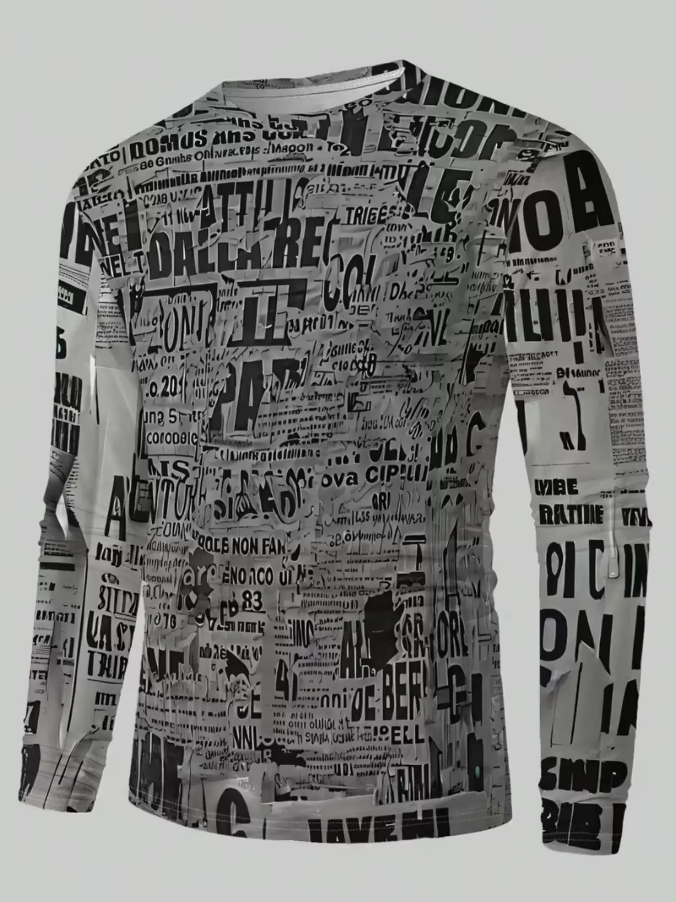 Men's Casual Long Sleeve T-Shirt, Newspaper Fragments, Soft Comfort, Spring Fall Outdoor Wear, Street Fashion