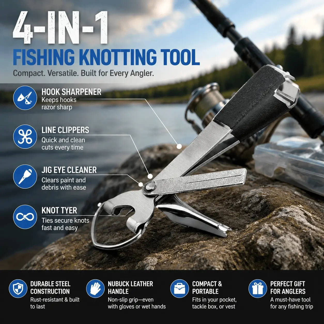 4-in-1 Fishing Knot Tying Tool Kit with Line Cutter, Hook Sharpener, Eye Cleaner, Portable Hook Tier for Freshwater Saltwater Anglers