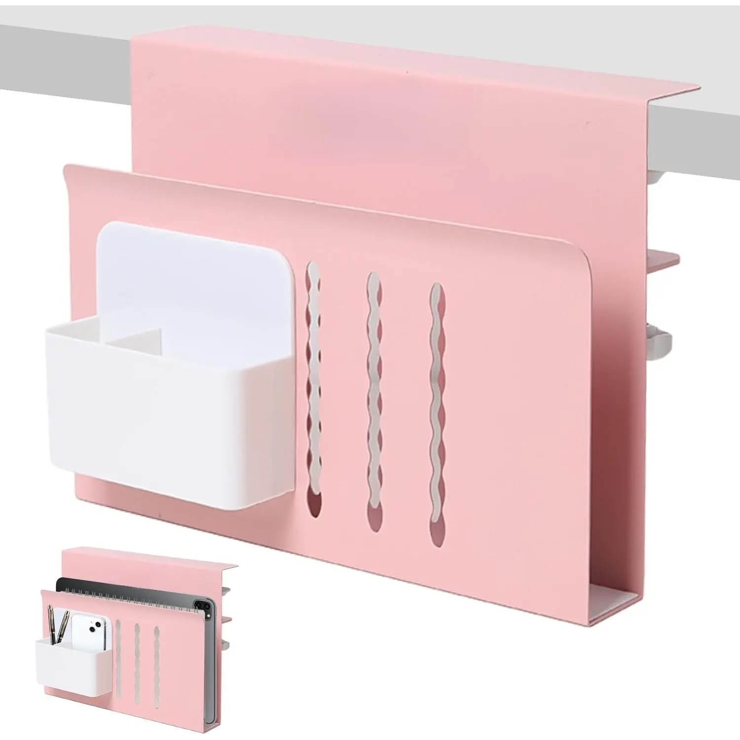 No-Drill Clamp-On Steel Desk Side Storage Organizer with Laptop/Tablets Mount, Pen Holder, Anti-Slipping Hanging Office Accessories (M/L Sizes, Fits 0.3"-2.8" Desks, Max 22lbs, for Home Office)