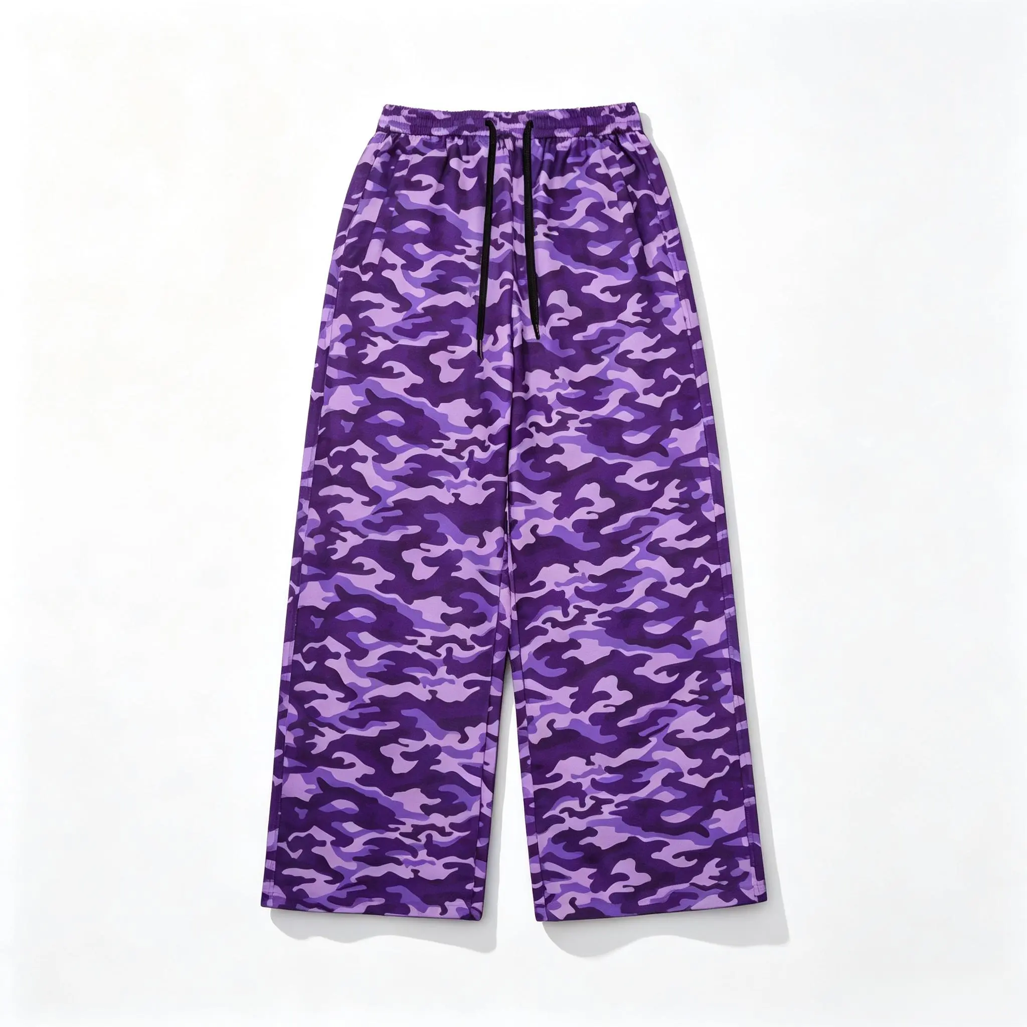 Men's purple camouflage wide-leg sweatpants, elastic drawstring waist wide-leg camouflage pants, street style wide-leg pants, suitable for hip-hop, daily casual and outdoor wear.