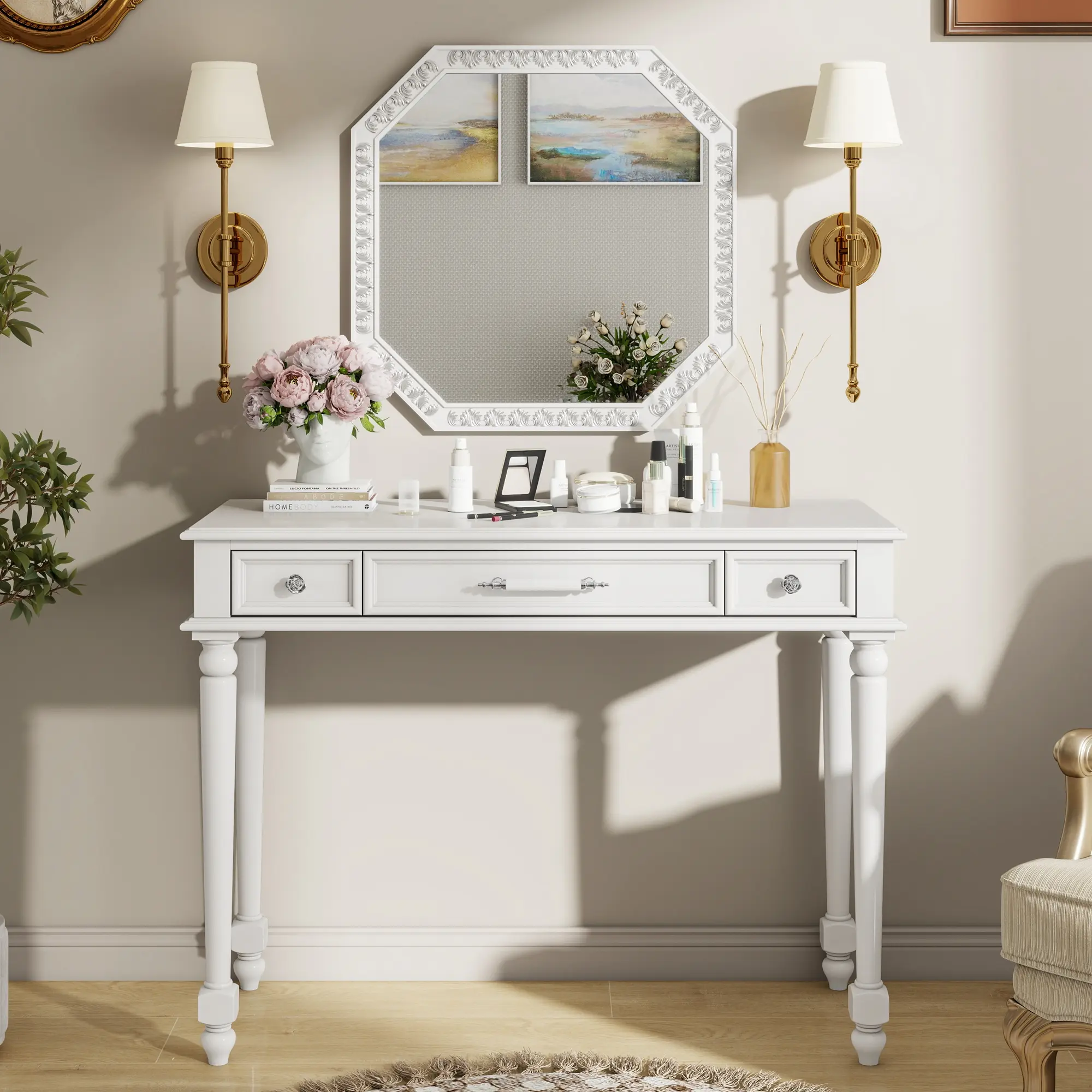 ARCH Retro Makeup Desk with Large Mirror, 3-Drawer Dressing Table for Jewelry Storage, Elegant Console Table for Bedroom, Living Room, Hallway & Foyer, White Vanity, Living Room Table for Sofa Side, Bedroom, Office, Apartment and Home Decor