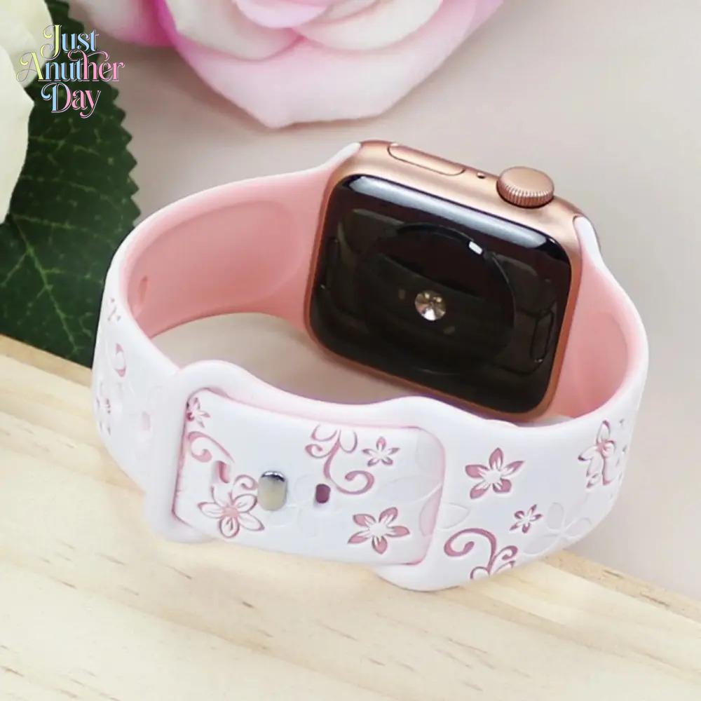 Floral Engraved Silicone Apple Watch Band – Cute Sport Strap (38–49mm, Series & Ultra)