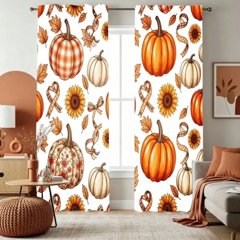 2pcs Boho Fall Thanksgiving Curtains With Pumpkins Bow, Window Drapes, Fall Decor, Room Decor, Curtains For Living Room 2 Panels, Curtains For Kitchen Window,Curtains For Bedroom, Multiple Sizes Rod Pocket, Washable, Polyester
